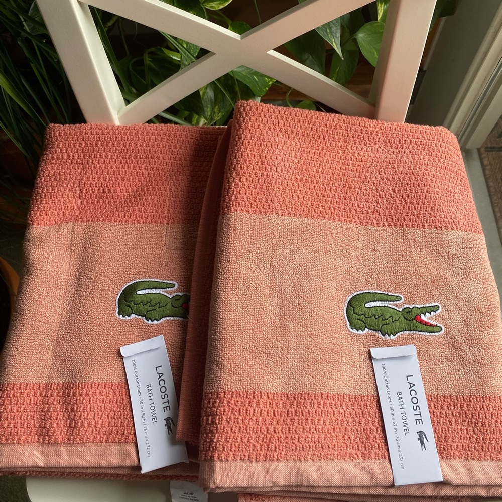 Lacoste Peach Bath Towel 100% Cotton 30" x 52" Big Crocodile Logo Quantity 2